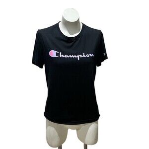 Champion T-Shirt Womens Size M Black Script Logo Short Sleeve Crew Neck